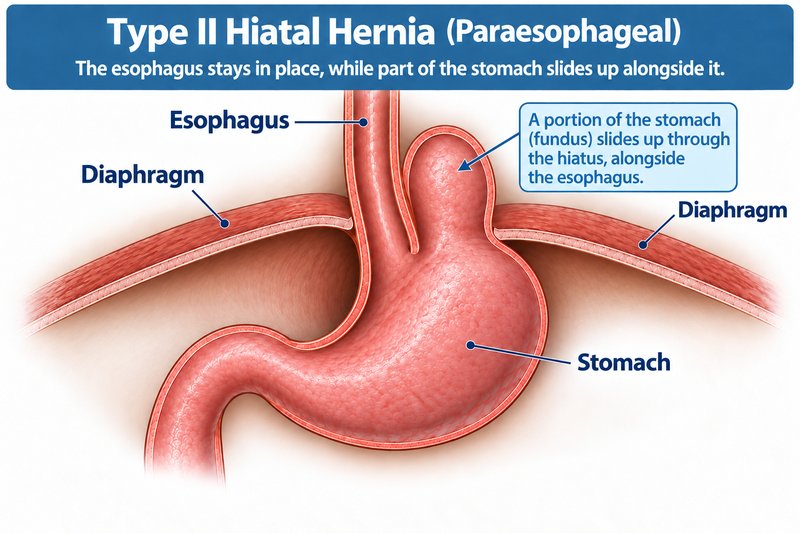 Medical illustration of a type II (paraesophageal) hiatal hernia: the esophagus stays in place while part of the stomach slides up alongside it.