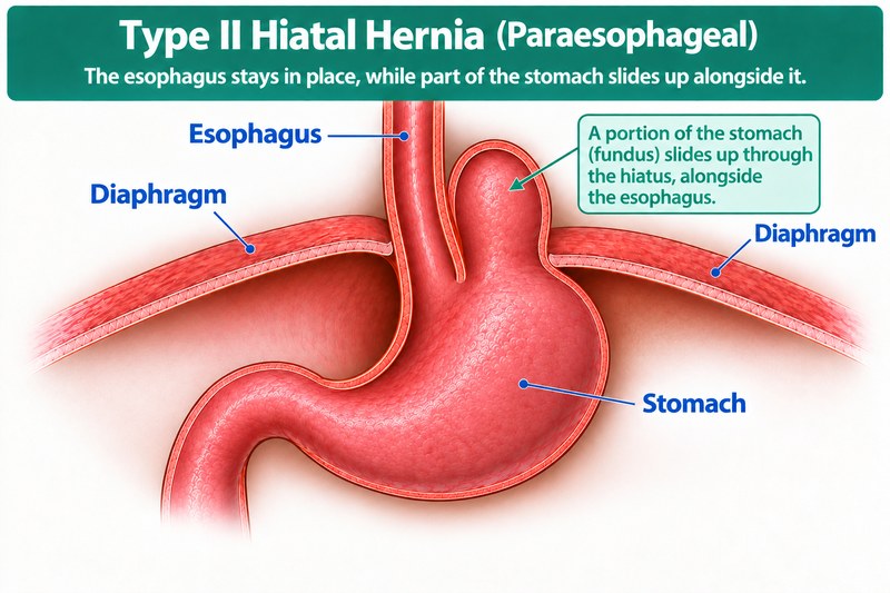 Ilustración médica de una hernia hiatal tipo II o paraesofágica: el esófago permanece en su lugar mientras parte del estómago sube a su lado.