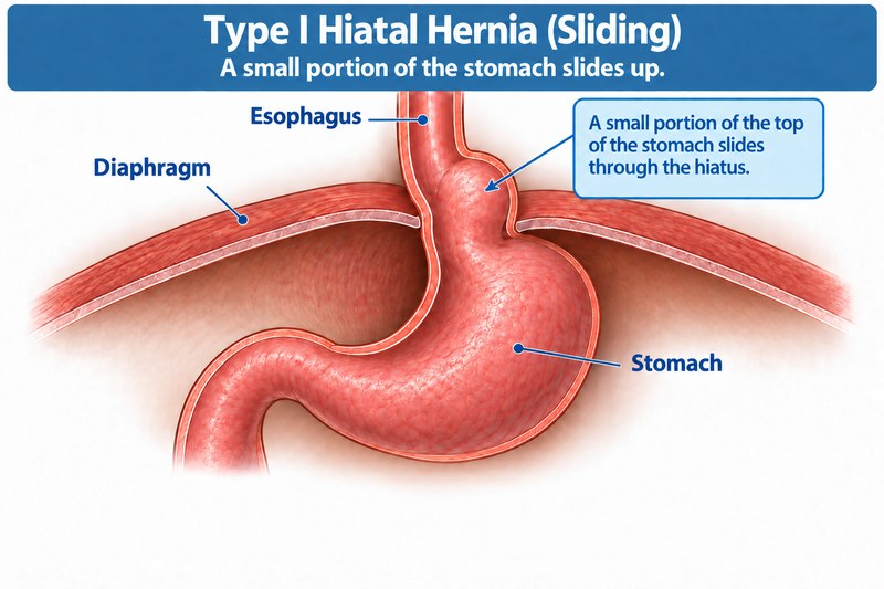 Medical illustration of a type I (sliding) hiatal hernia: a small portion of the upper stomach slides up through the diaphragm's hiatus.
