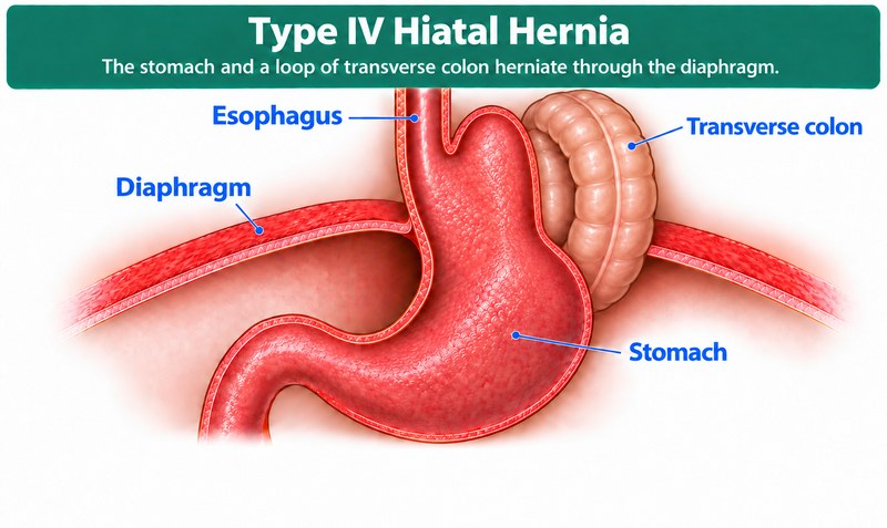 Ilustración médica de una hernia hiatal tipo IV: el estómago y un asa del colon transverso se hernian a través del diafragma.