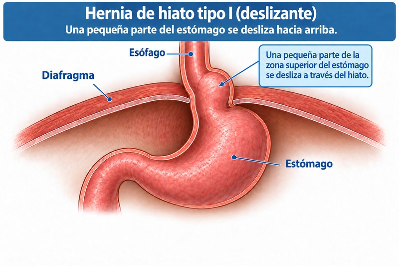 Ilustración médica de una hernia hiatal tipo I o deslizante: una pequeña porción de la parte superior del estómago sube a través del hiato del diafragma.