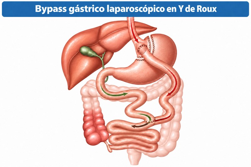 Diagrama médico en español del bypass gástrico laparoscópico en Y de Roux, con la bolsa gástrica pequeña y el intestino delgado reconectado