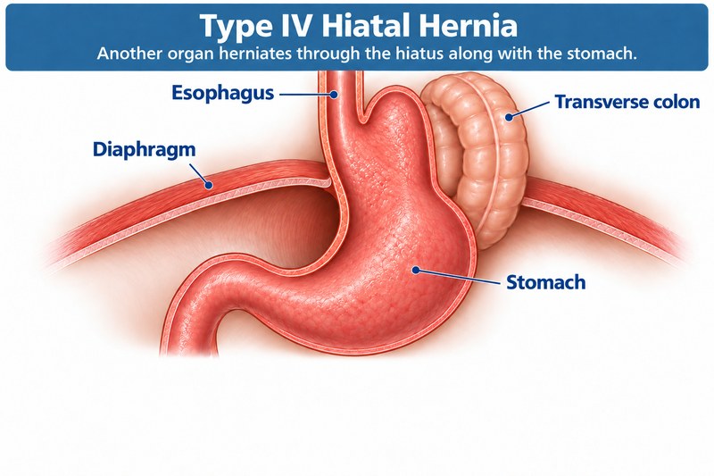 Medical illustration of a type IV hiatal hernia: the stomach and a loop of transverse colon herniate through the diaphragm.