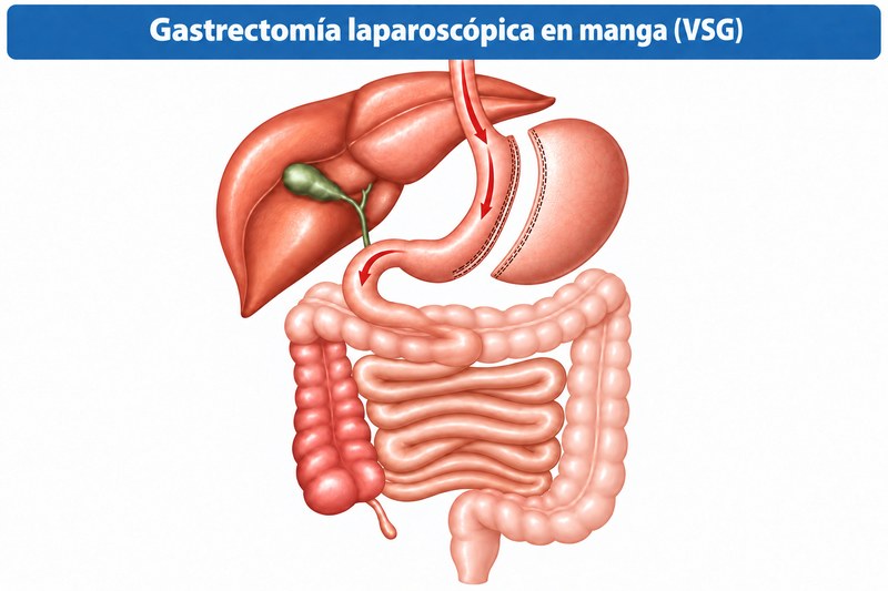 Diagrama médico en español de una gastrectomía laparoscópica en manga que muestra la parte extraída del estómago y la manga gástrica estrecha