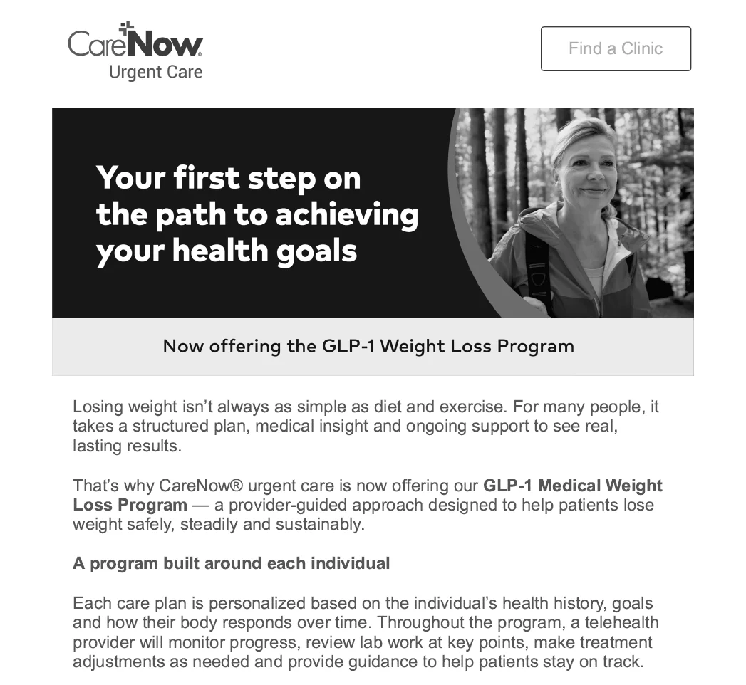 Screenshot of the CareNow email announcing its GLP-1 Weight Loss Program, headed 'Your first step on the path to achieving your health goals'