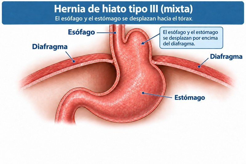 Ilustración médica de una hernia hiatal tipo III o mixta: el esófago y el estómago se desplazan hacia el tórax por encima del diafragma.