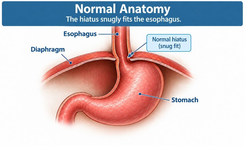 Ilustración médica de la anatomía normal: el esófago atraviesa una abertura ajustada, llamada hiato, en el diafragma para llegar al estómago.