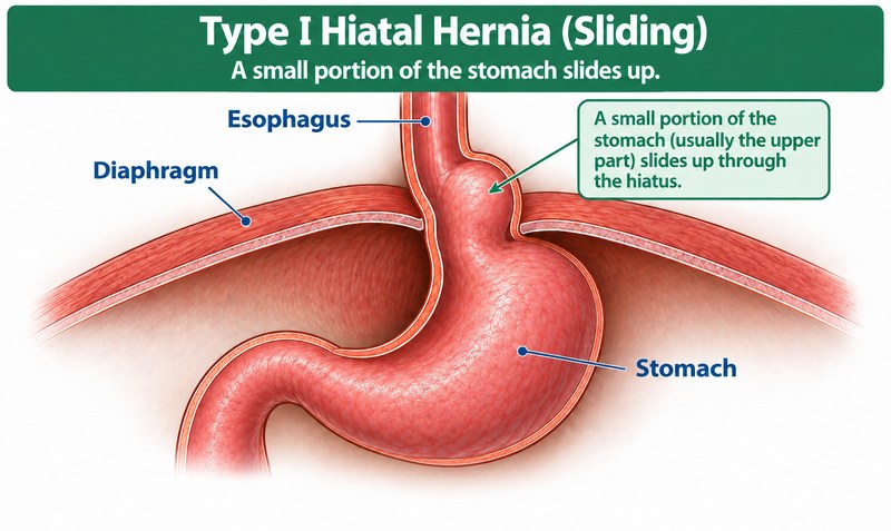 Ilustración médica de una hernia hiatal tipo I o deslizante: una pequeña porción de la parte superior del estómago sube a través del hiato del diafragma.