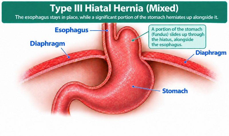 Ilustración médica de una hernia hiatal tipo III o mixta: el esófago permanece en su lugar mientras una porción importante del estómago se hernia a su lado.