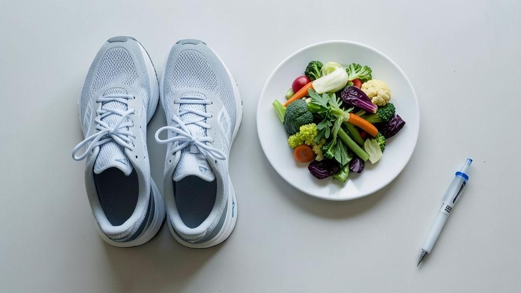 Vista aérea de zapatos deportivos, un plato de vegetales frescos y una pluma de inyección para bajar de peso sobre una superficie blanca