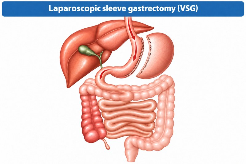 Diagrama médico de una gastrectomía laparoscópica en manga que muestra la parte extraída del estómago y la manga gástrica estrecha