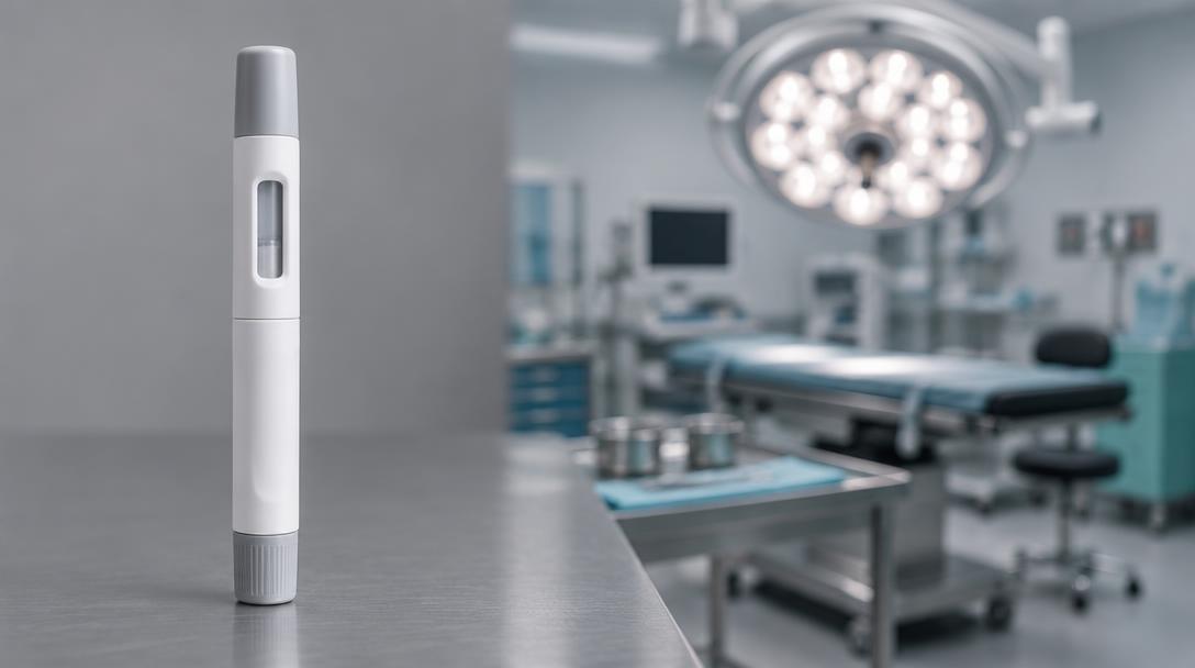 A weight-loss injection pen in sharp focus on a grey surface, with a blurred hospital operating room behind it