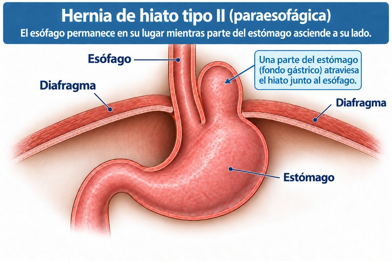 Ilustración médica de una hernia hiatal tipo II o paraesofágica: el esófago permanece en su lugar mientras parte del estómago sube a su lado.