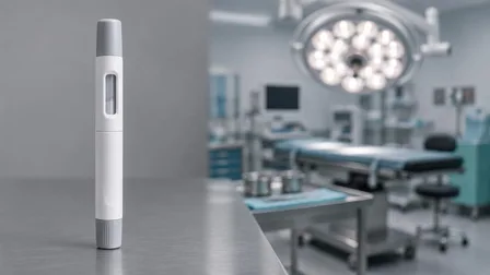 A weight-loss injection pen in sharp focus on a grey surface, with a blurred hospital operating room behind it