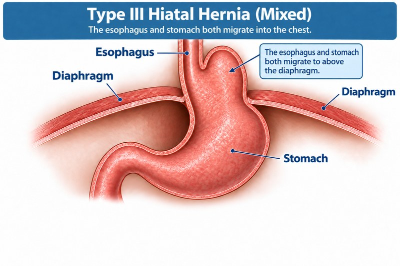Medical illustration of a type III (mixed) hiatal hernia: the esophagus and stomach both migrate into the chest above the diaphragm.