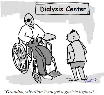 Cartoon by Dr. Walter Pories of a grandfather with diabetes complications outside a dialysis center, as his grandson asks why he didn't get a gastric bypass.