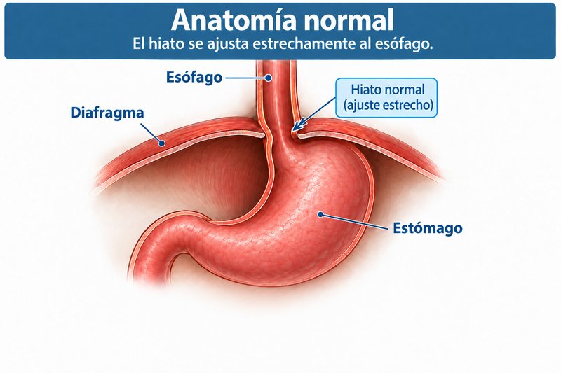 Ilustración médica de la anatomía normal: el esófago atraviesa una abertura ajustada, llamada hiato, en el diafragma para llegar al estómago.