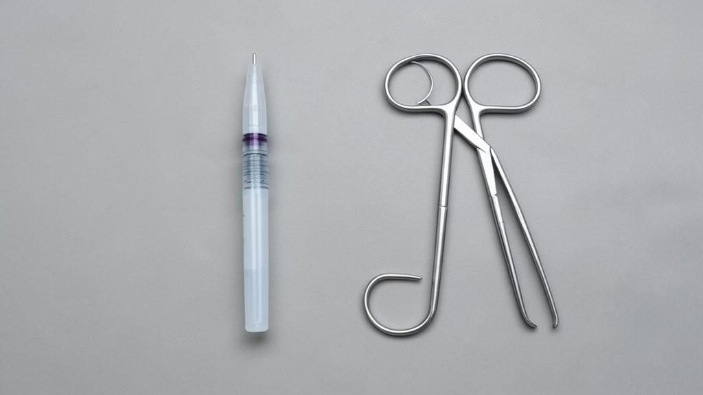 Una pluma inyectora para bajar de peso e instrumentos quirúrgicos de acero inoxidable uno al lado del otro sobre una superficie gris